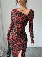 New Women's Round Neck Long Sleeve Sexy Leopard Print Dress