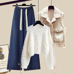 Women’s Autumn/Winter Knitted 3-Piece Set – Vest, Sweater & Wide-Leg Pants