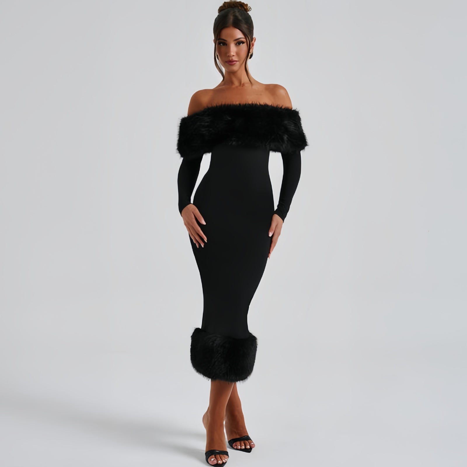Fur Collar Off-Shoulder Slim Dress