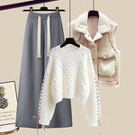 Women’s Autumn/Winter Knitted 3-Piece Set – Vest, Sweater & Wide-Leg Pants