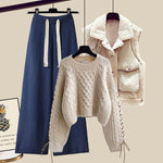Women’s Autumn/Winter Knitted 3-Piece Set – Vest, Sweater & Wide-Leg Pants