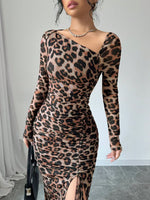 New Women's Round Neck Long Sleeve Sexy Leopard Print Dress