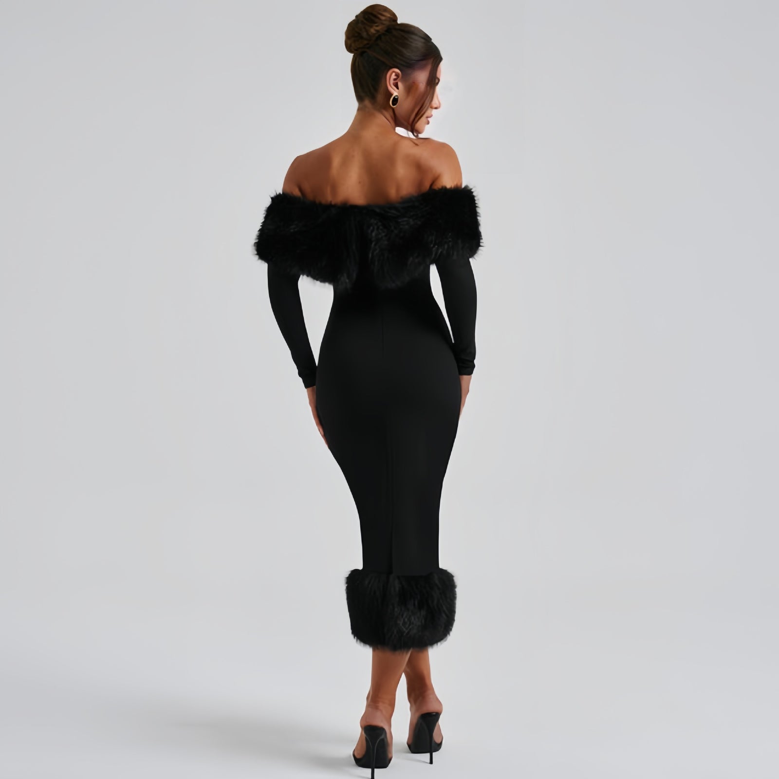 Fur Collar Off-Shoulder Slim Dress