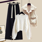 Women’s Autumn/Winter Knitted 3-Piece Set – Vest, Sweater & Wide-Leg Pants