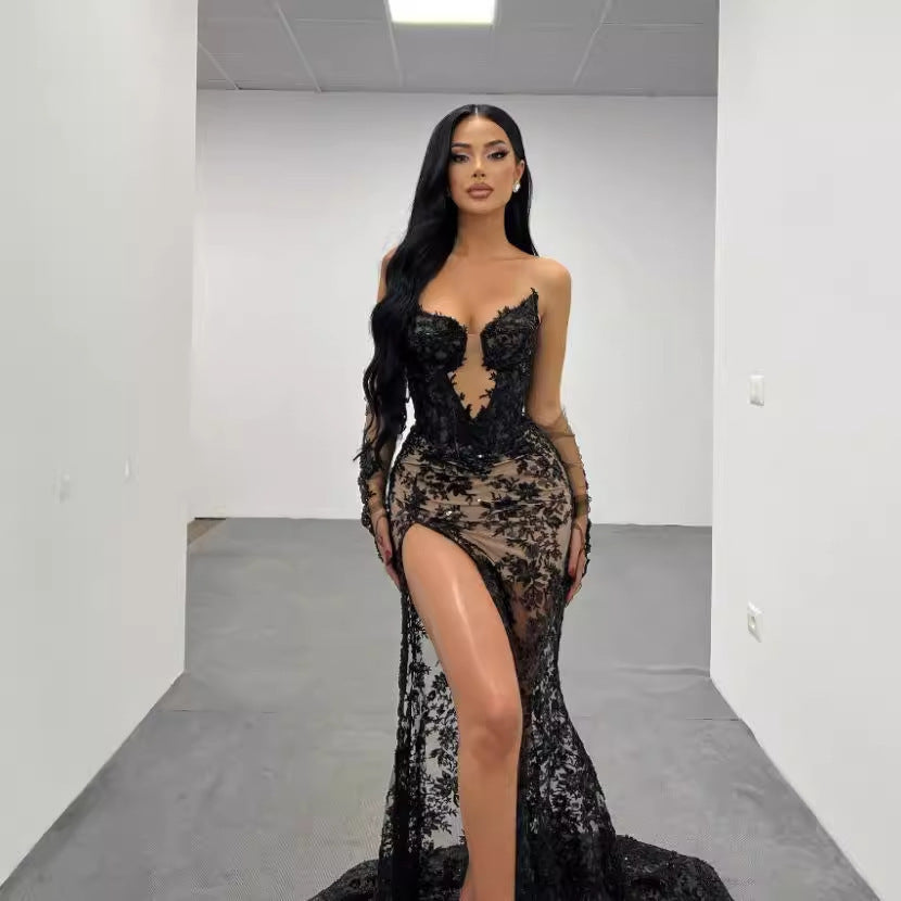 Black Bandeau Slim-fit Lace Mesh Tight Split Long Sheath Dress