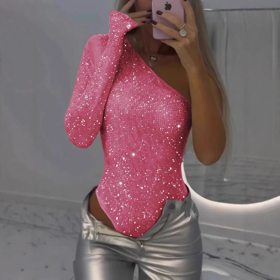 Hot Girl Sexy One-shoulder Tight Rhinestone Sequins Top