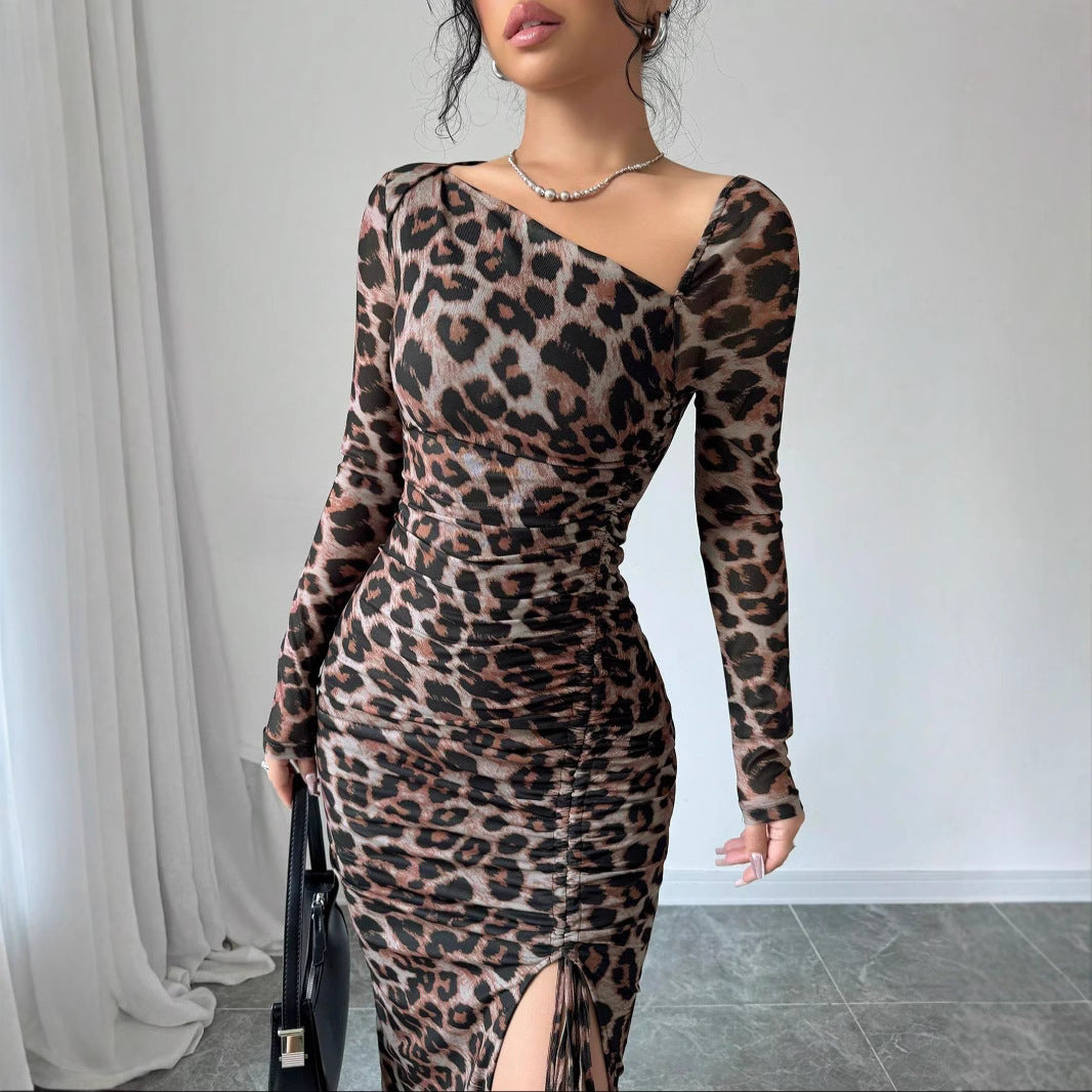 New Women's Round Neck Long Sleeve Sexy Leopard Print Dress