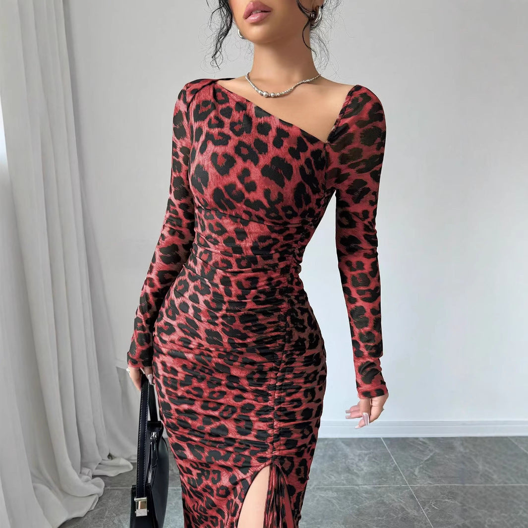 New Women's Round Neck Long Sleeve Sexy Leopard Print Dress