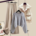 Women’s Autumn/Winter Knitted 3-Piece Set – Vest, Sweater & Wide-Leg Pants