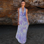 Tie-Dye Deep V-Neck Halter Maxi Dress – 2pcs Beach Party Set