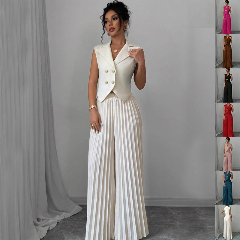 Women's Summer Sleeveless Suit – Button Vest & Pleated Pants Set