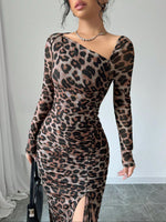 New Women's Round Neck Long Sleeve Sexy Leopard Print Dress