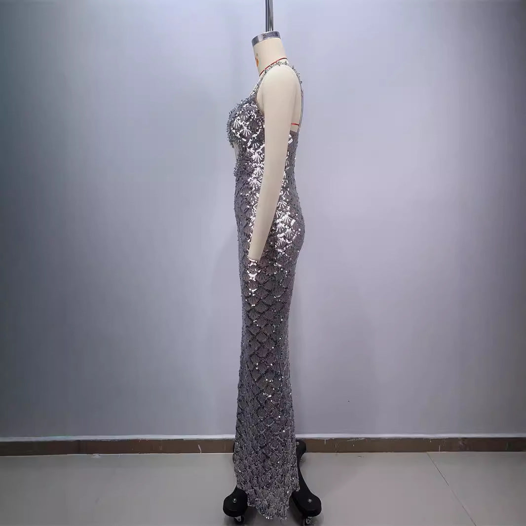 Fashion Backless V Sequined Suspender Ruffled Long Sheath Dress