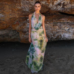 Tie-Dye Deep V-Neck Halter Maxi Dress – 2pcs Beach Party Set