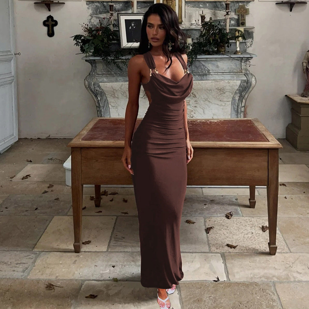 Spring And Summer New Fashion Sexy Backless Pleated Slim-fit Lace Up Dress