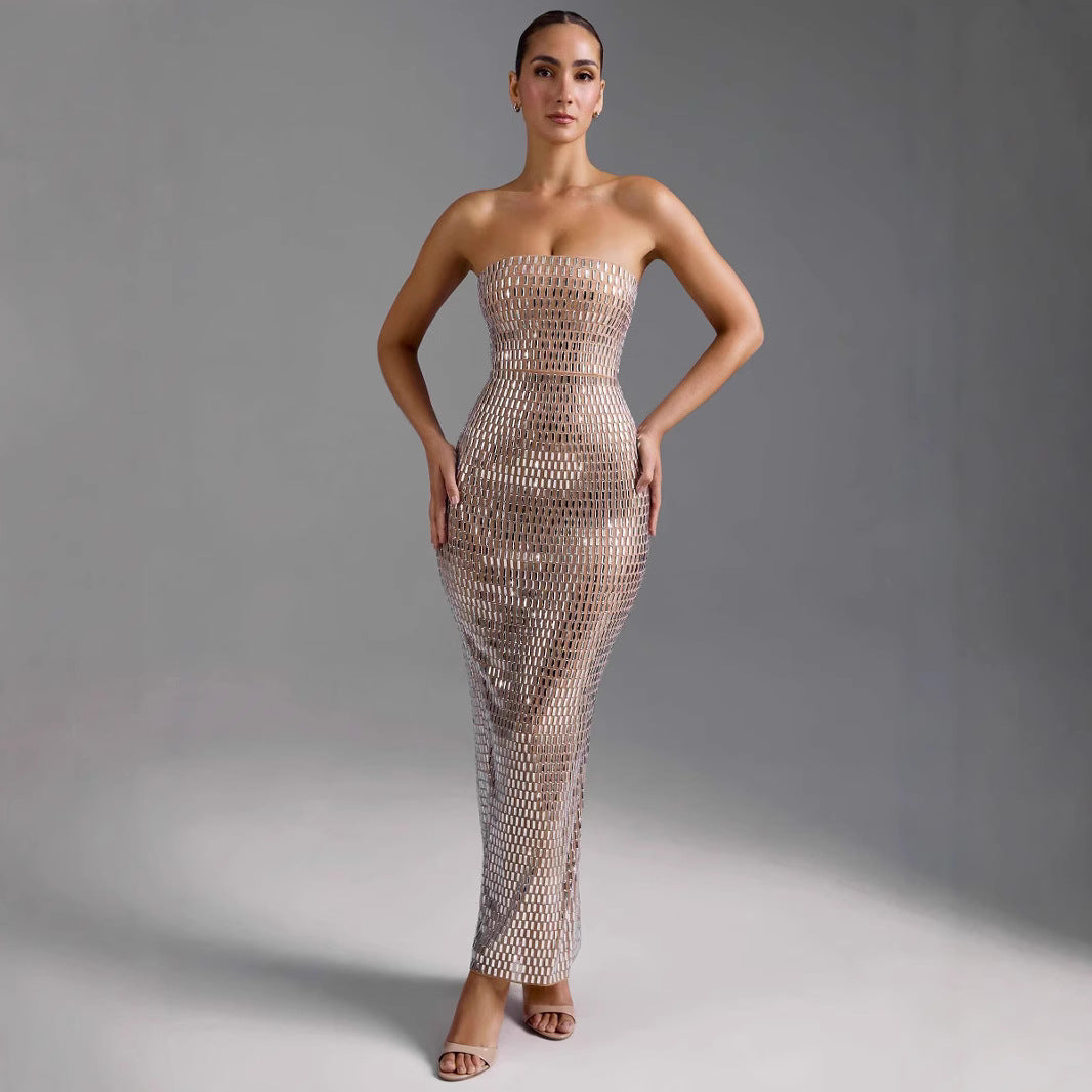 Fashion Rhinestone Sexy Tube Top Skinny Sheath Dress