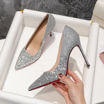 Super Pointed Shiny High Heels – Black & Silver Sequins