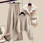 Women’s Autumn/Winter Knitted 3-Piece Set – Vest, Sweater & Wide-Leg Pants