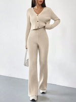 Two-piece Women's V-neck Short Knitted Cardigan Bootcut Trousers Versatile Casual Women's Clothing