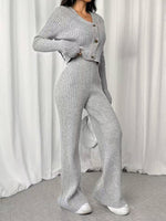 Two-piece Women's V-neck Short Knitted Cardigan Bootcut Trousers Versatile Casual Women's Clothing