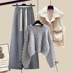 Women’s Autumn/Winter Knitted 3-Piece Set – Vest, Sweater & Wide-Leg Pants