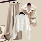 Women’s Autumn/Winter Knitted 3-Piece Set – Vest, Sweater & Wide-Leg Pants