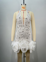 White Halter Slim Beaded Sleeveless Mesh Pleats Mini Dress