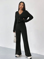 Two-piece Women's V-neck Short Knitted Cardigan Bootcut Trousers Versatile Casual Women's Clothing