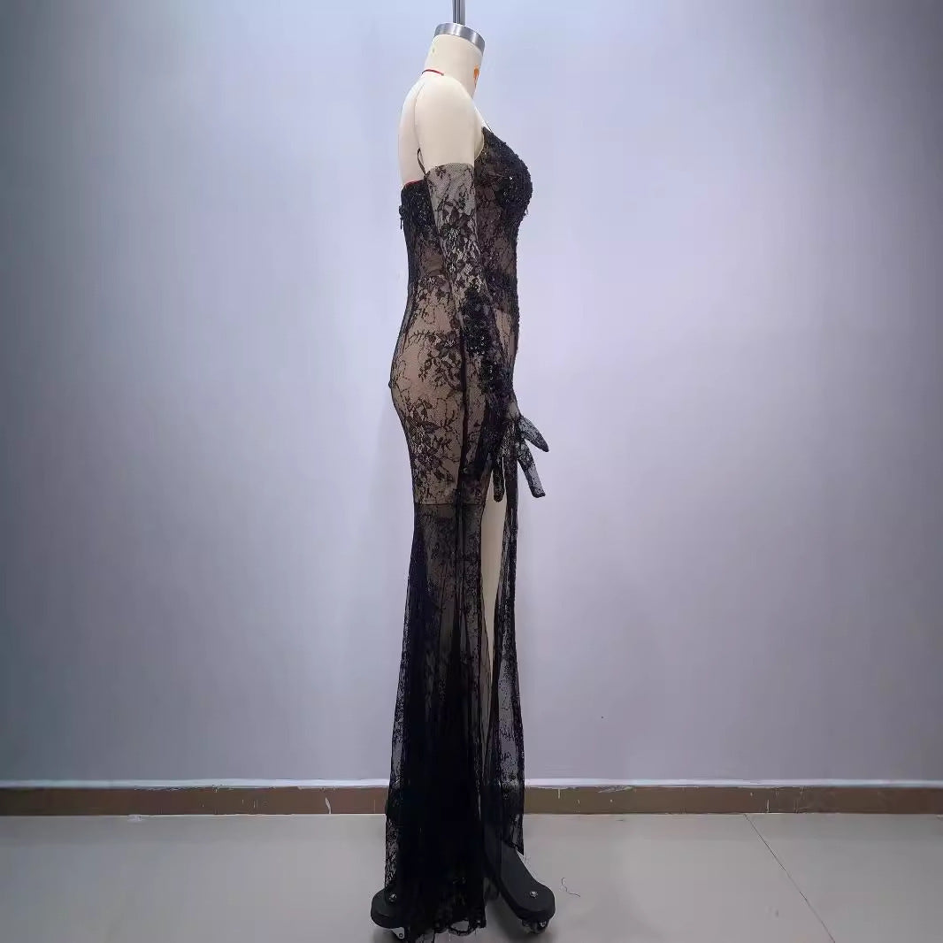 Black Bandeau Slim-fit Lace Mesh Tight Split Long Sheath Dress