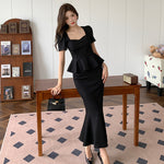Temperament Square Collar Ruffled Flab Hiding Slimming Fishtail Skirt Suit