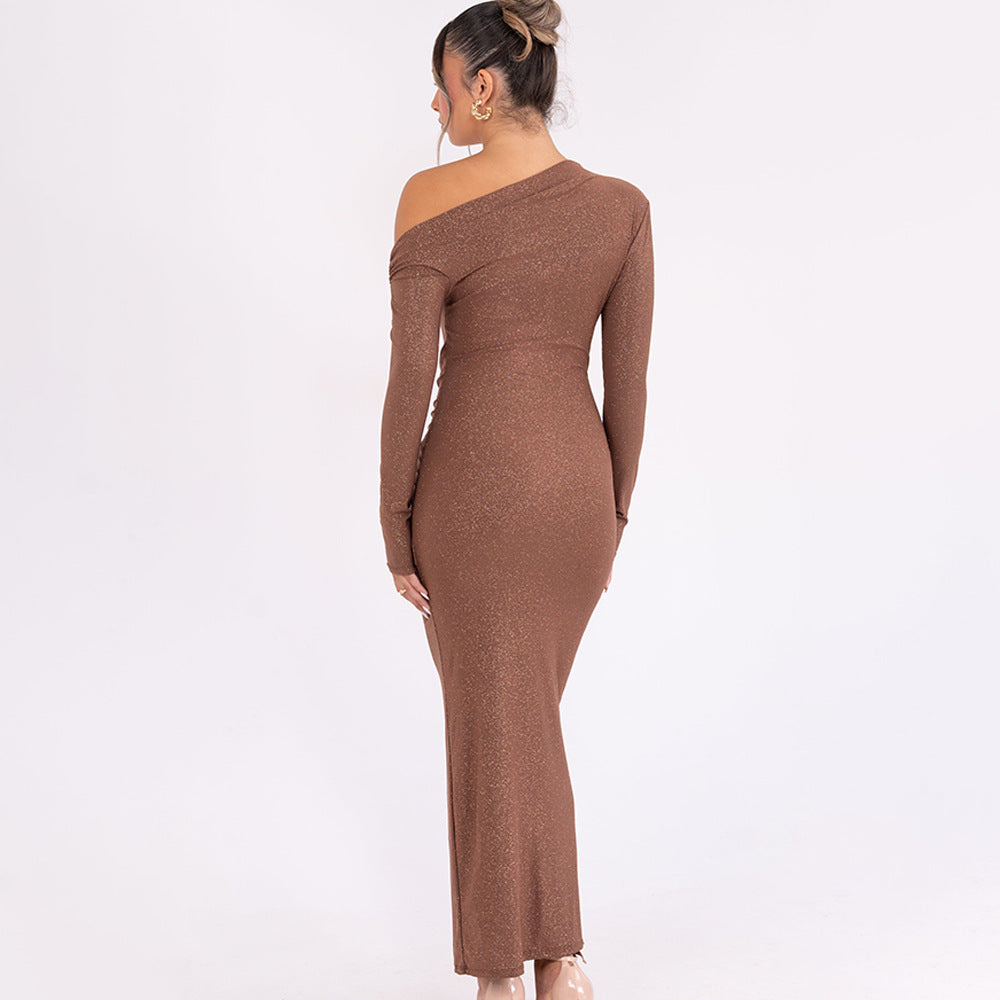 Oblique Shoulder Pleated Long-Sleeve Dress