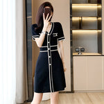 Ice Silk Knitted V-neck High Waist Short Sleeve Slimming A- Line Dress For Women