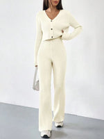 Two-piece Women's V-neck Short Knitted Cardigan Bootcut Trousers Versatile Casual Women's Clothing
