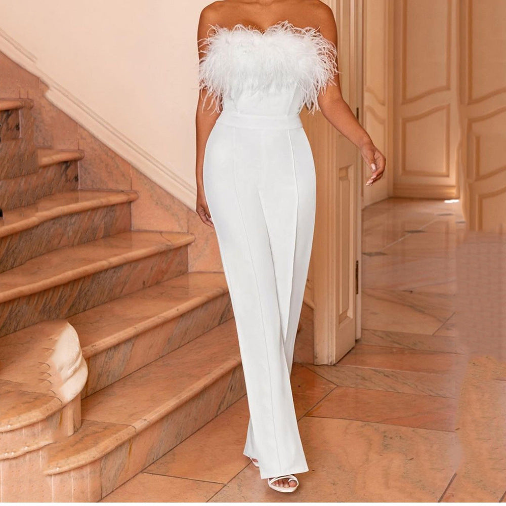 Women's Plumage And Breast Pure Color Cut Back Jumpsuit