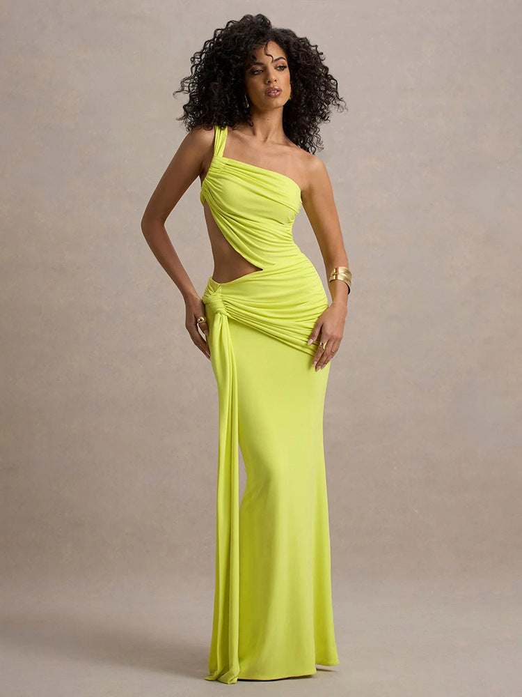 Solid Color Irregular Side Streamers Wear Pleated Dress