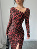 New Women's Round Neck Long Sleeve Sexy Leopard Print Dress