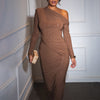 Oblique Shoulder Long Sleeve Fashion Pleated Dress