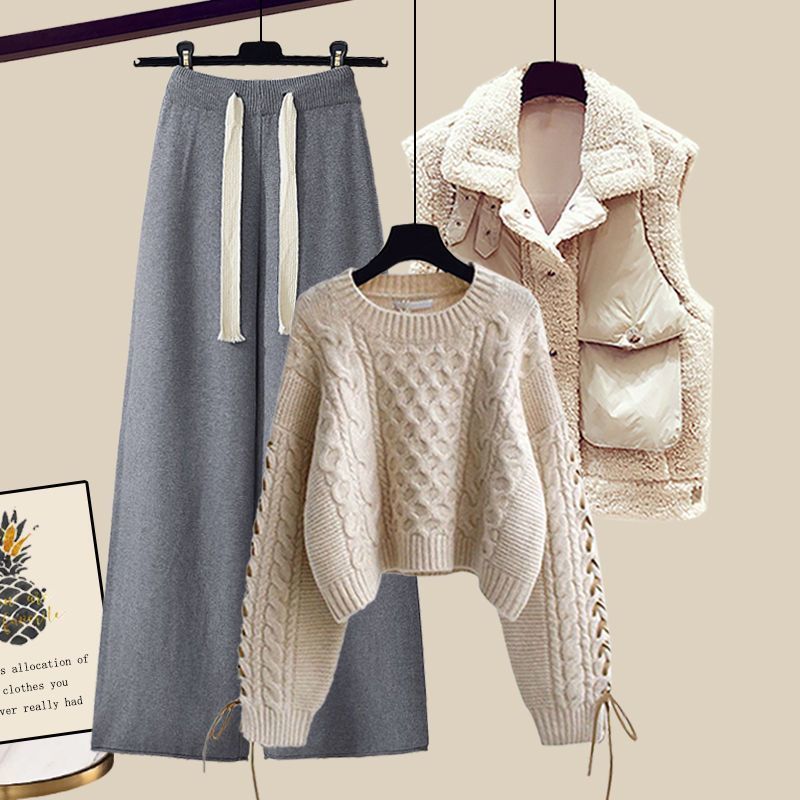 Women’s Autumn/Winter Knitted 3-Piece Set – Vest, Sweater & Wide-Leg Pants