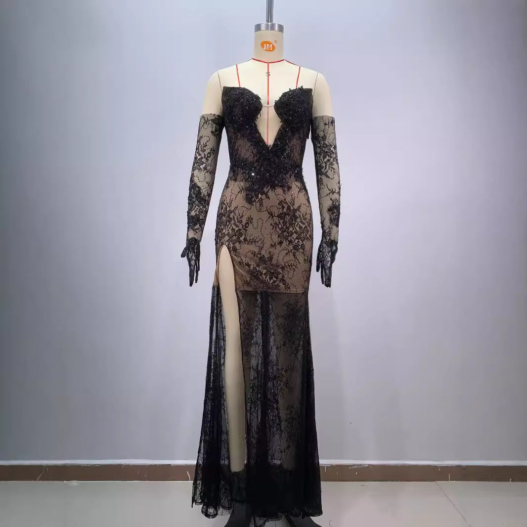 Black Bandeau Slim-fit Lace Mesh Tight Split Long Sheath Dress
