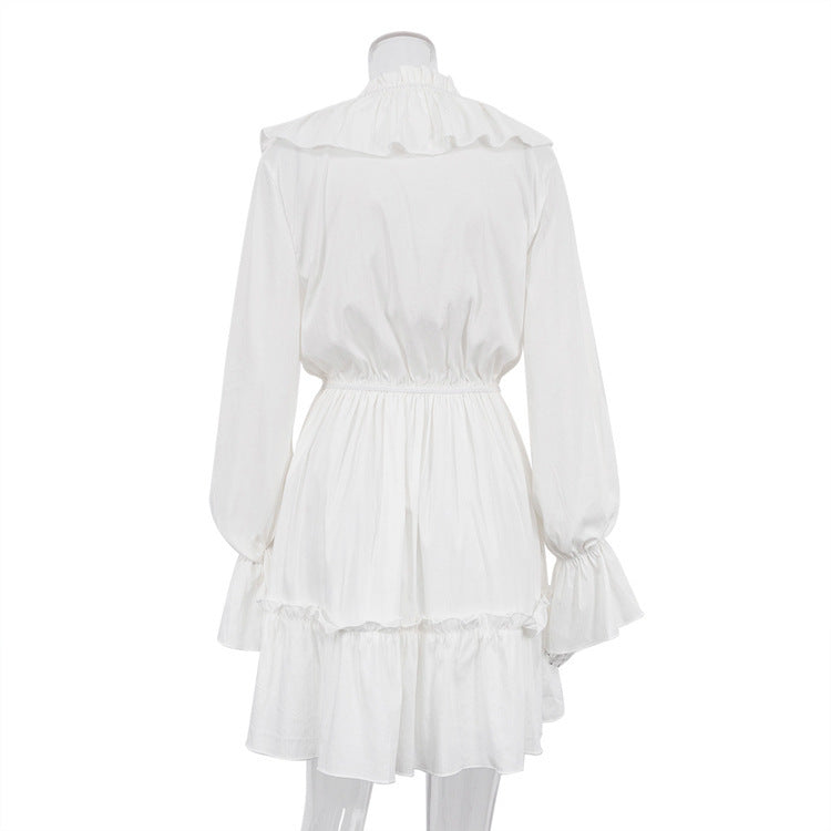 Y2K V Neck Pleated Ruffle Long Sleeve Dress