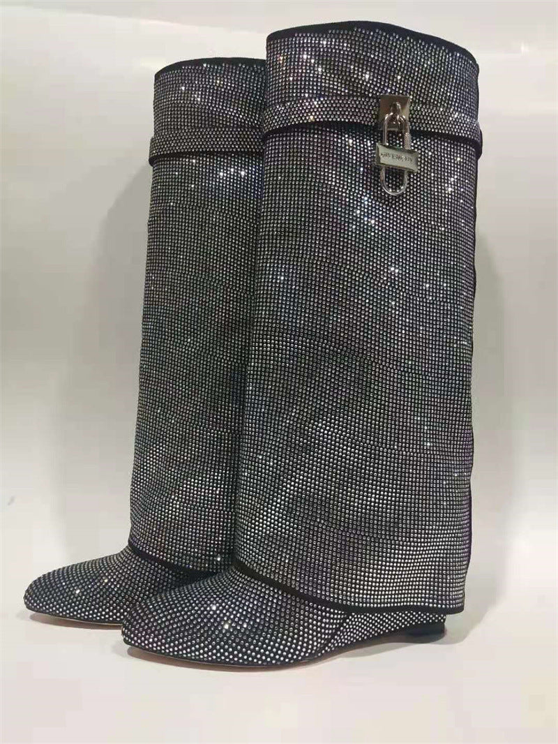 Round Toe Rhinestone Lock Knee-High Wedge Boots