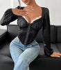 See-through Mesh Patchwork Lace Chest Cotton Long-sleeved Top