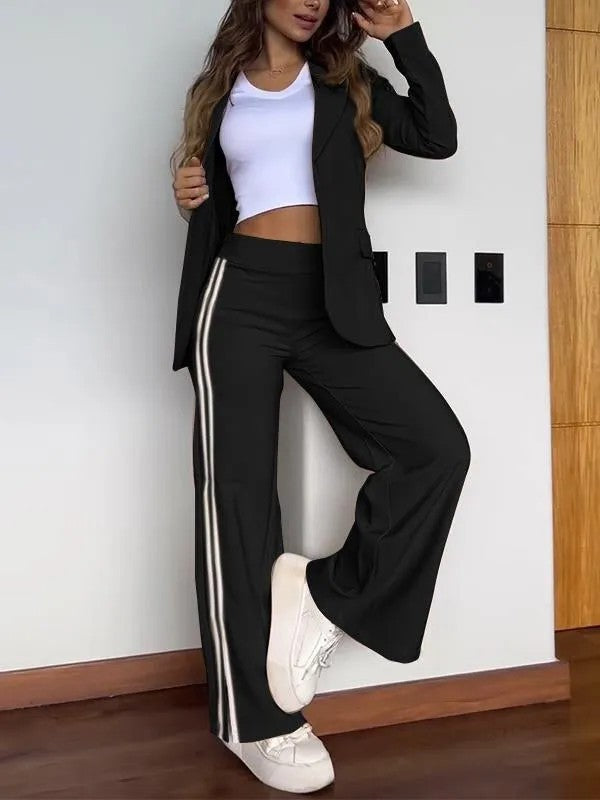 Lässiger Damenanzug mit Polokragen und Hose mit weitem Bein, zweiteiliger Anzug
