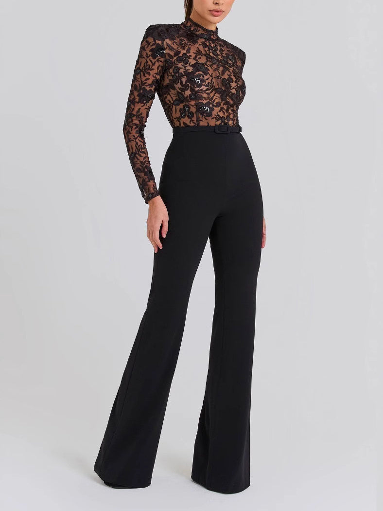 Black See-through Lace Long-sleeved Trousers Jumpsuit