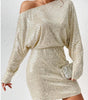 Fashion Oblique Shoulder Sequins Dress Ins Long-sleeved Dresses
