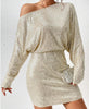 Fashion Oblique Shoulder Sequins Dress Ins Long-sleeved Dresses