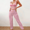 Cute Women's Colour-Block Pajama Set - Plaid Trousers & Letter Print Top