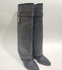 Round Toe Rhinestone Lock Knee-High Wedge Boots