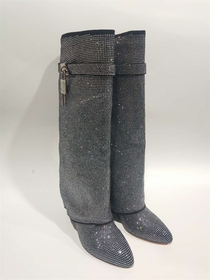 Round Toe Rhinestone Lock Knee-High Wedge Boots