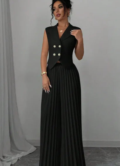 Women's Summer Sleeveless Suit – Button Vest & Pleated Pants Set